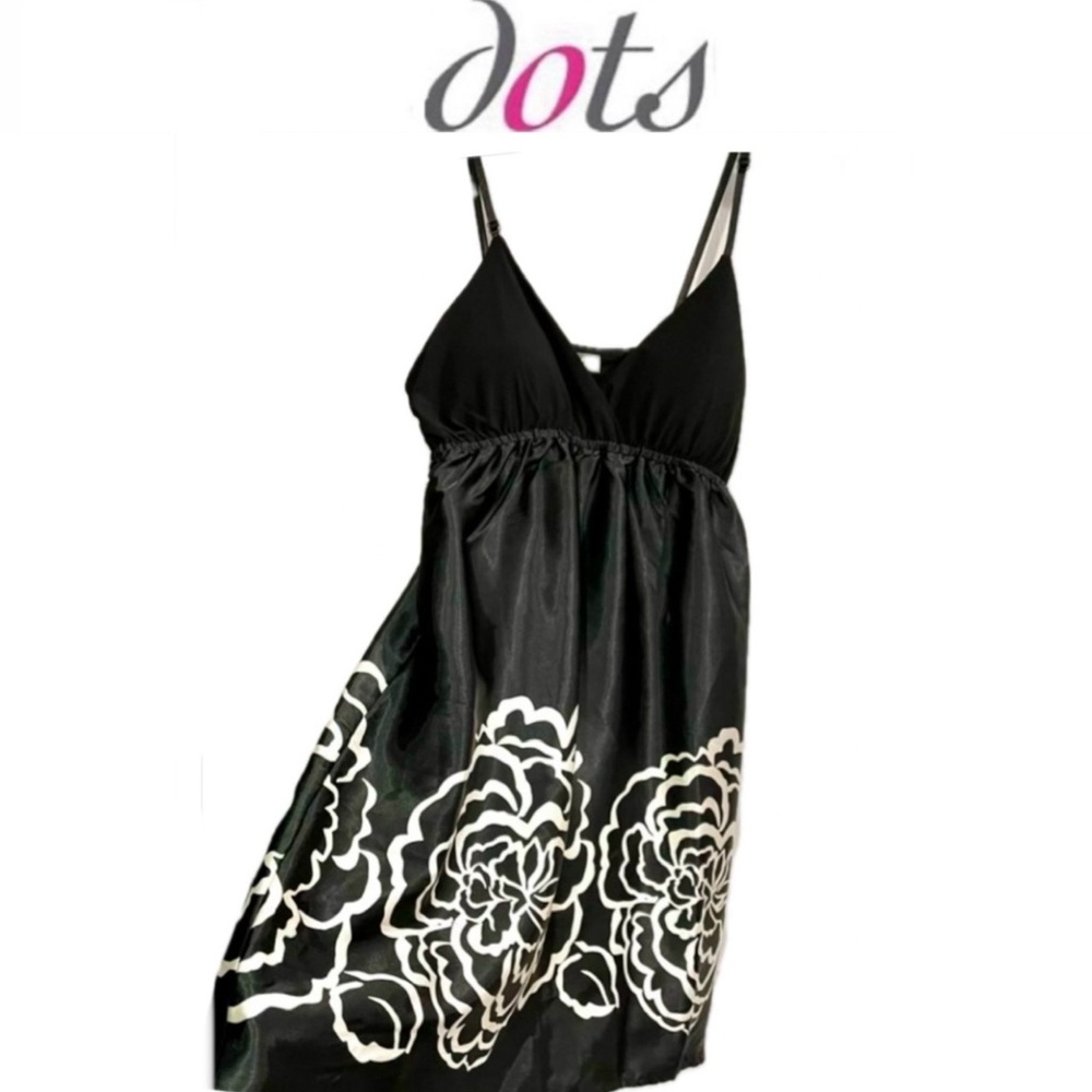 DOTS silky black with white floral bottom Spaghetti Strap Dress SizeM like new